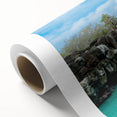 Art deco poster of Galapagos scenery on rolled canvas, featuring cool blue and green tones, ideal for nursery wall art.