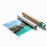 Extra large rolled print of a serene Galapagos landscape with soft blue and green hues, ideal for classy bathroom wall art.
