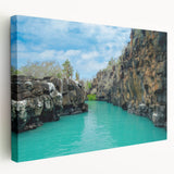 Large stretched canvas featuring a serene Galapagos landscape in muted earth tones, ideal for kitchen wall art.
