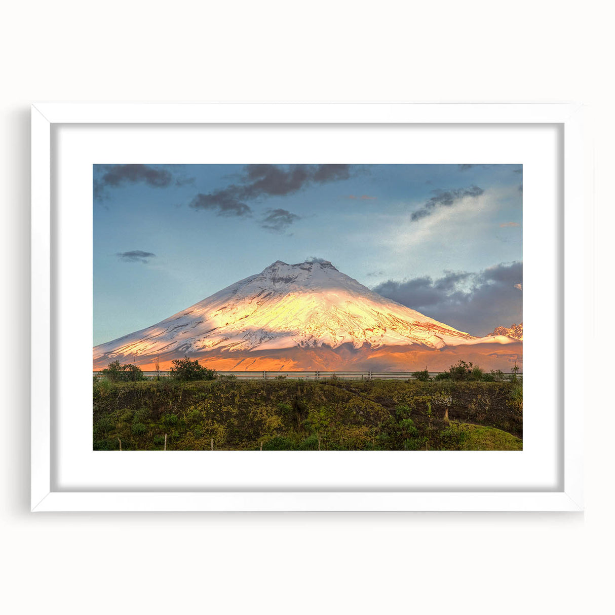 Abstract art print of a South American landscape in muted earth tones, framed with a white mat.
