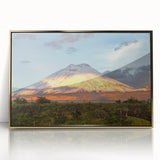 Framed acrylic print of a South American landscape in mid-century modernist style, featuring earthy tones.