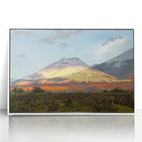 Acrylic print of a serene Ecuador landscape in muted green and blue tones, framed in white, suitable for nursery wall art.