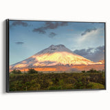 Black and white wall art featuring a vintage poster style landscape of Ecuador on a framed canvas, ideal for bedroom decor.