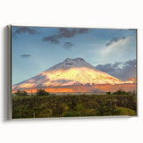 Framed canvas landscape art painting of an Ecuadorian mountain scene in muted earth tones, ideal for office decor.