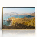 Large art print of a Peruvian landscape in mid-century modernist style, acrylic on framed gold canvas.