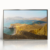 Mid-century modernist art depicting a Peruvian landscape in earth tones, framed in silver acrylic.