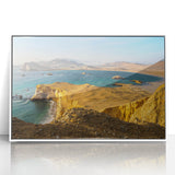 Art deco poster of a South American scenery in Peru, with muted earth tones on a white-framed acrylic.