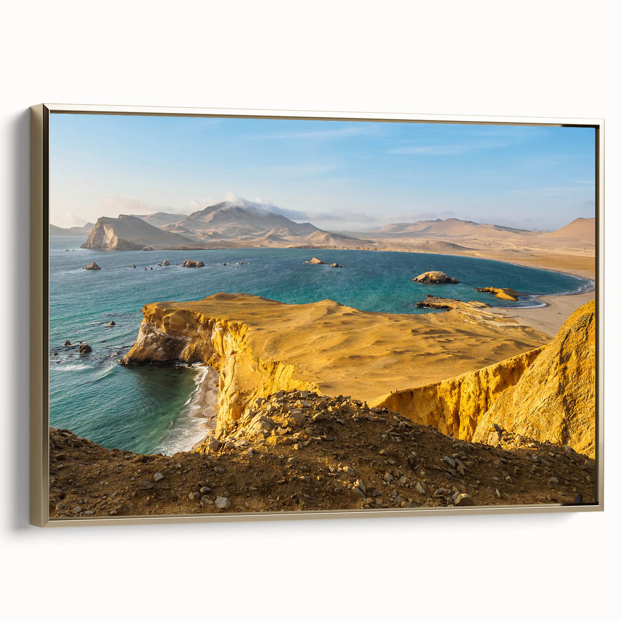 Framed canvas print of a vintage-style Peruvian landscape in muted gold and black, ideal for bedroom wall art.