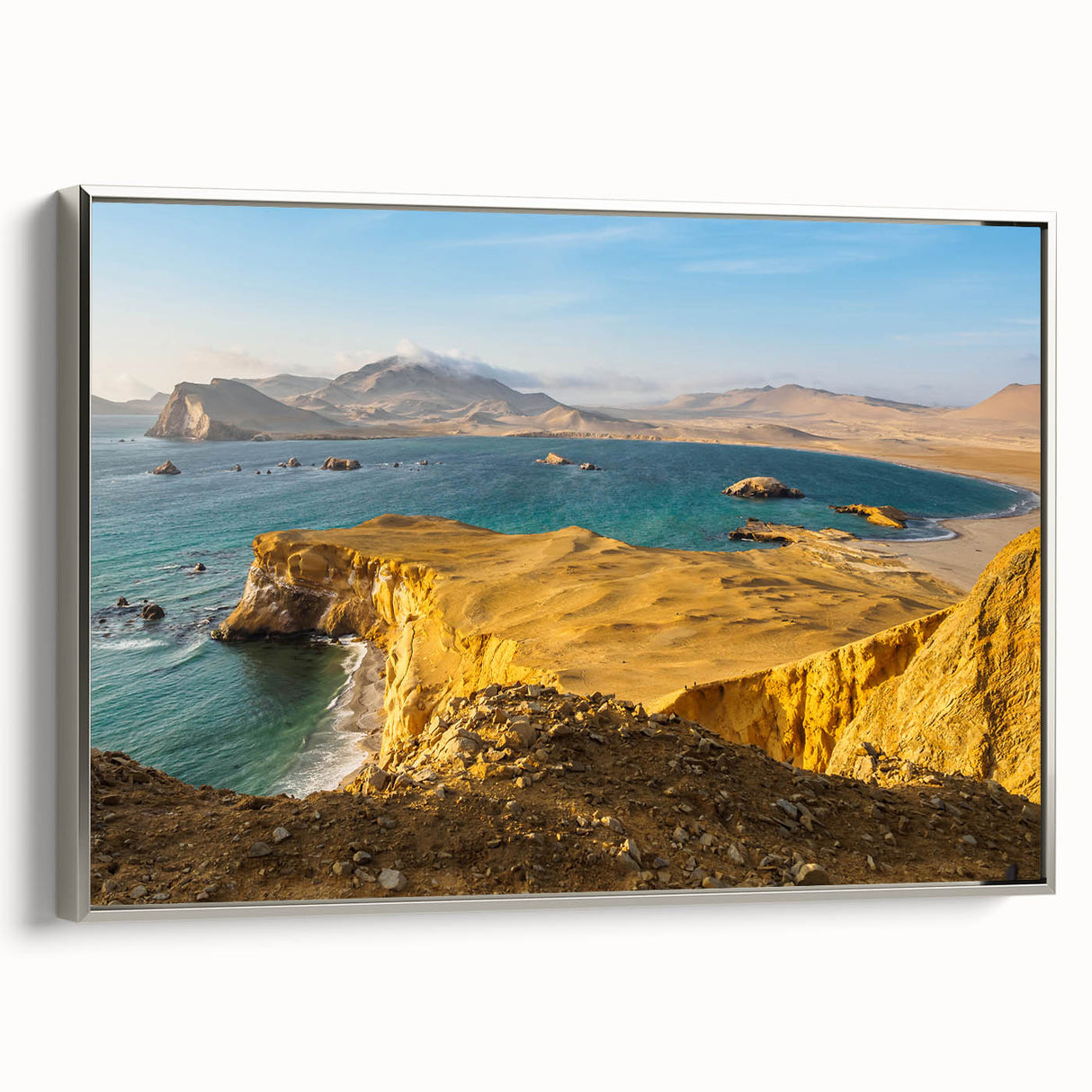 Framed canvas featuring a colorful vintage-style landscape art painting of a Peruvian scenery.