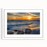 Abstract art print of Alabama scenery in muted earth tones on a white matted frame, ideal for dining room decor.