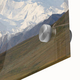 Large abstract depiction of Denali, Alaska in muted earth tones on acrylic glass, ideal for dining room art.