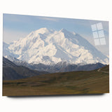 Large abstract depiction of Denali, Alaska, in muted earth tones on acrylic glass, suitable for bedroom or dining room decor.
