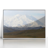 Acrylic print of Denali, Alaska, in muted earth tones, framed in white, suitable for modern art wall decor.