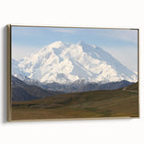 Framed canvas of Denali, Alaska landscape in muted earth tones, ideal for bedroom wall art.