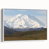 Vintage poster art of Denali, Alaska, featuring muted earth tones on a framed canvas, ideal for living room decor.