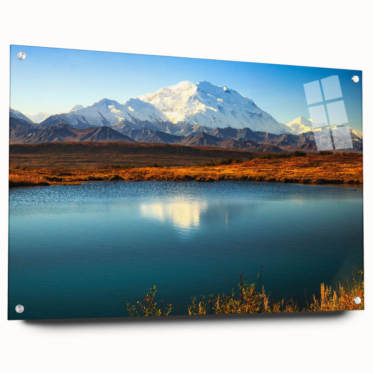 Acrylic print of a serene Alaskan landscape in muted earth tones, suitable for bedroom or dining room decor.