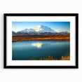 Extra large abstract art print of colorful Alaskan scenery on textured canvas, framed in black.
