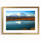 Extra large abstract art print of Alaskan scenery in textured gold frame, ideal for living room decor.