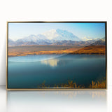 Framed acrylic print of a serene Alaska landscape in muted earth tones, suitable for modern art wall decor.