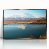 Mid-century modernist art depicting Alaskan scenery in muted earth tones on a framed acrylic, ideal for nursery wall decor.