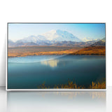 Art deco poster of an Alaskan landscape in muted gray and blue tones, framed acrylic, ideal for modern nursery wall art.