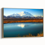Framed canvas depicting a serene Alaskan landscape in muted gold and black tones, ideal for bedroom wall decor.
