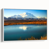Vintage poster art of Alaska scenery on extra large framed canvas, featuring a colorful palette ideal for living room decor.