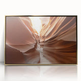 Framed acrylic print of Coyote Buttes in Arizona, featuring golden hues and mid-century modernist style.