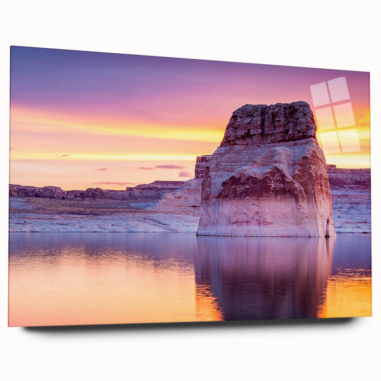 Large abstract depiction of Lake Powell in muted earth tones on acrylic glass, suitable for bedroom or dining room art.