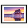 Extra large abstract art print of Lake Powell with textured colors, in a black frame, ideal for living room decor.