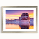 Textured abstract art print of Lake Powell, featuring muted blue and gray tones on a framed silver mat.