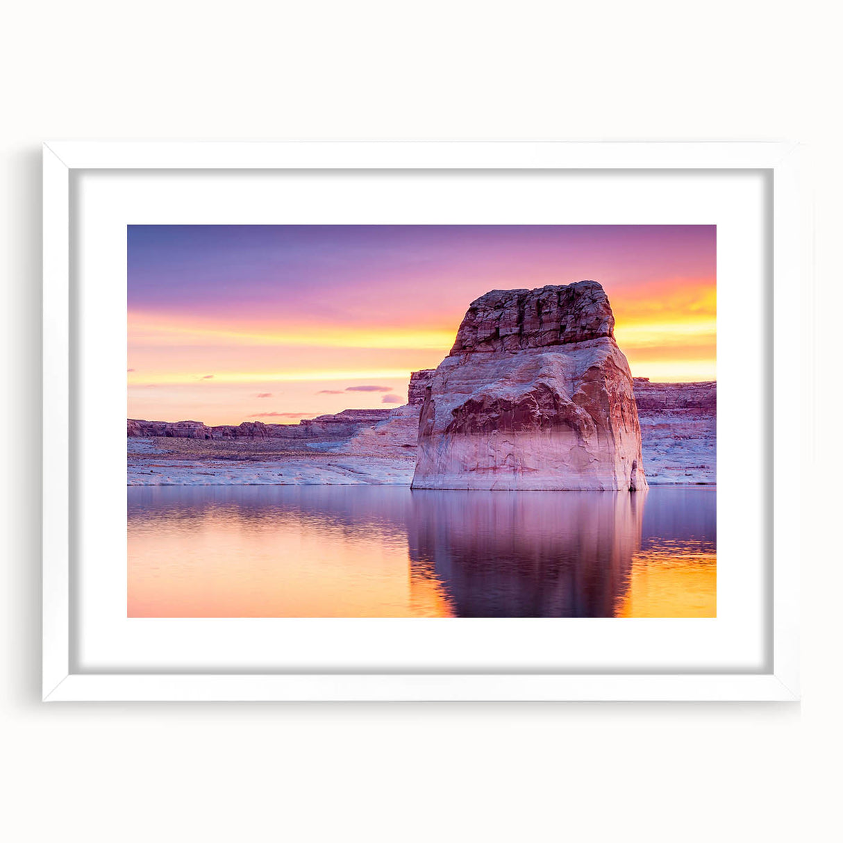 Abstract art print of Lake Powell in muted blue and gray tones on a white framed canvas.