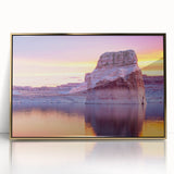 Mid-century modernist style large art print of Lake Powell on a gold-framed acrylic, featuring soft blue and sandy tones.