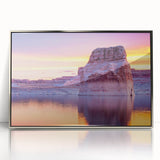 Mid-century modernist art of Lake Powell in muted earth tones on a framed acrylic print, suitable for modern art wall decor.