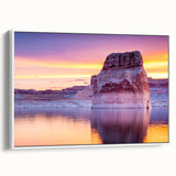 Vintage poster art of Lake Powell on a framed canvas, featuring vibrant blue and orange hues, ideal for living room decor.
