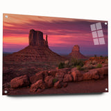 Acrylic print of Monument Valley with vivid orange and red hues, suitable for bedroom or dining room wall decor.