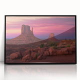 Large abstract wall art depicting Monument Valley in muted earth tones on a framed acrylic.