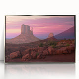 Mid-century modernist art of Monument Valley in muted earth tones, framed acrylic, ideal for modern art wall decor.