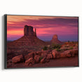 Black and white framed canvas of Monument Valley, ideal for bedroom wall art in a vintage poster style.