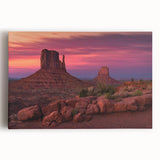 Black and white image of Monument Valley on stretched canvas, ideal for kitchen wall art or bedroom decor.