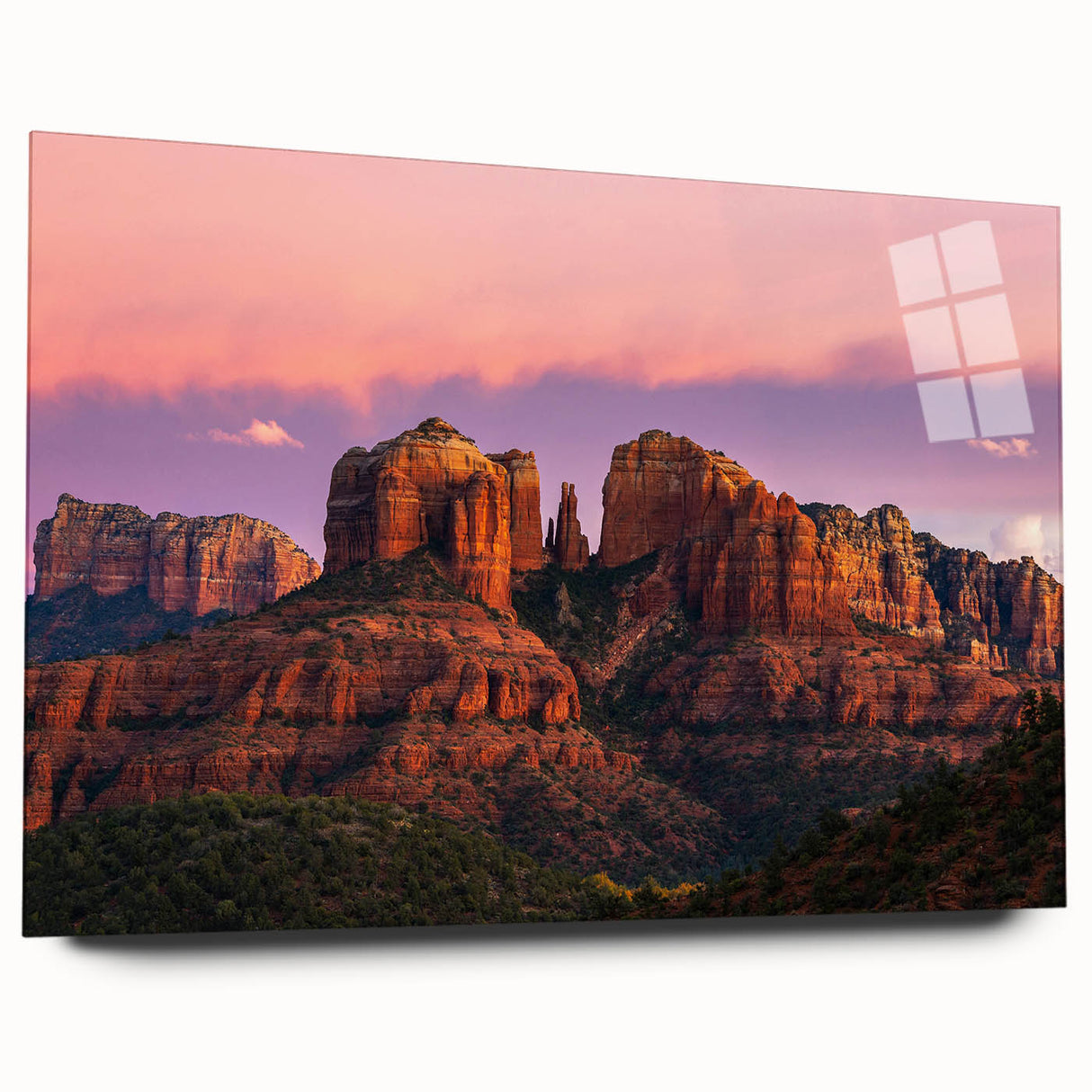 Large abstract depiction of Sedona landscape in muted earth tones on acrylic glass, suitable for bedroom or dining room art.