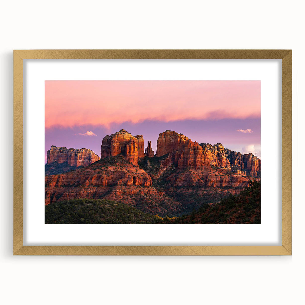 Extra large abstract art print depicting Sedona, Arizona, in textured, vibrant earth tones on a gold-framed canvas.