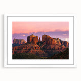 Abstract art print of Sedona landscape in muted earth tones on a framed white mat, suitable for bedroom or dining room decor.