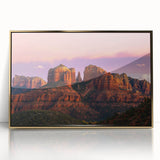 Mid-century modernist art of Sedona landscape in vibrant red and orange tones on a framed acrylic print.
