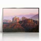 Mid-century modernist art depicting Sedona, Arizona landscape in muted earth tones on a framed acrylic print.