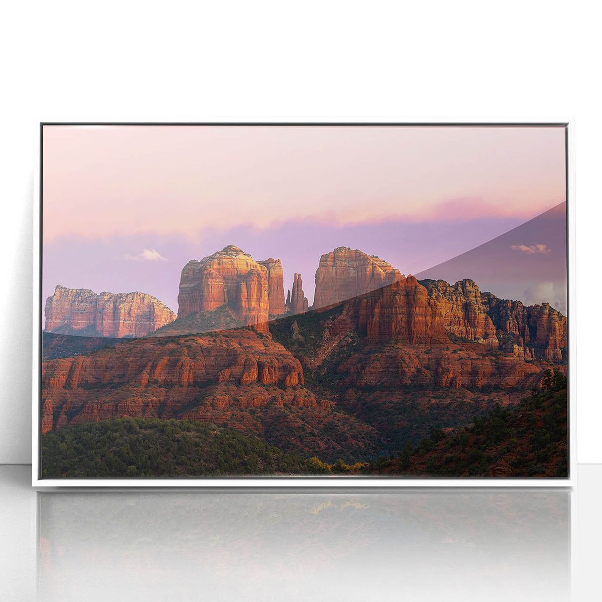 Acrylic print of Sedona, Arizona landscape in muted earth tones, framed in white, suitable for modern art wall decor.