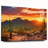 Acrylic print of the Sonoran Desert with vivid orange and blue hues, ideal for bedroom or dining room art.