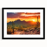Extra large abstract art print of Arizona Sonoran scenery in vibrant colors on textured canvas, framed in black.