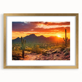 Extra large abstract art print of Arizona Sonoran desert in muted earth tones, framed in gold, ideal for living room decor.