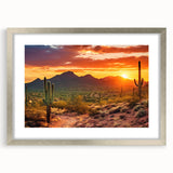 Textured art print of Arizona's Sonoran desert in muted earth tones on a framed silver mat, suitable for bedroom decor.